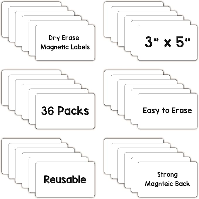 Dry Erase Magnets, Blank Magnetic Dry Erase Lables, 36Pack, 3" x 5" | Erasable Magnets for Whiteboard, Multipurpose White Magnetic Labels to Write On, For Classroom, Home, Education, Office