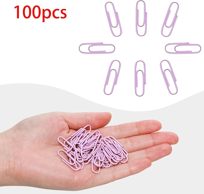 100 Pcs Purple Paper Clips, 1.1 Inch (28mm) Colorful Paperclips | Vinyl Coated, Colored Paper Clips, Rust Proof, for Office, School, DIY, Bookmarks and Document Organization