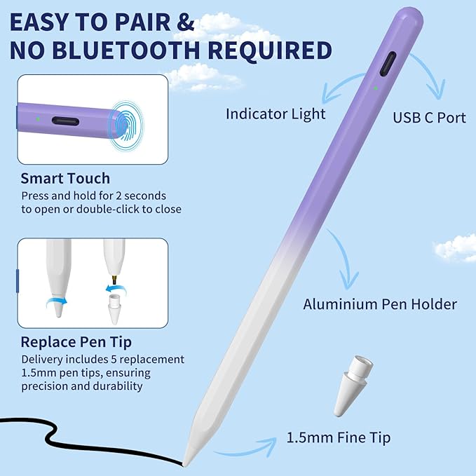 iPad Pencil for 9th & 10th Generation, Fast Charge Stylus Pen for Palm Rejection and Tilt Sensitivity, Compatible with iPad Pro 11/12.9in, Mini 5/6, iPad 6/7/8/9/10, Air 3/4/5 (W/PU)