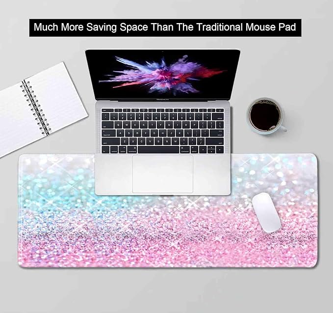 Gradient Glitter Large Mouse Pad, Pink Blue Sparkle Desk Pad, Pastel Cute Writing Desk Mat, Non-Slip Rubber Long Mousepad for Laptop Computer Gamer Home&Office, 31.5x11.8 in