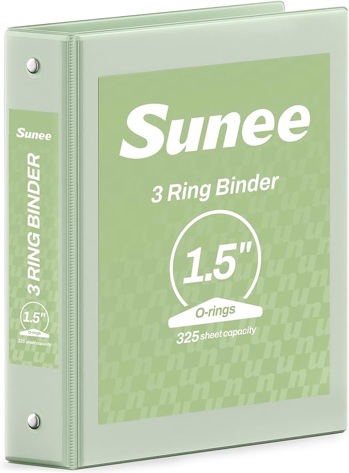 SUNEE 3 Ring Binder 1.5 Inch 1 Pack, Clear View Binder Three Ring PVC-Free (Fit 8.5x11 Inches) for School or Office Supplies, Sage Green