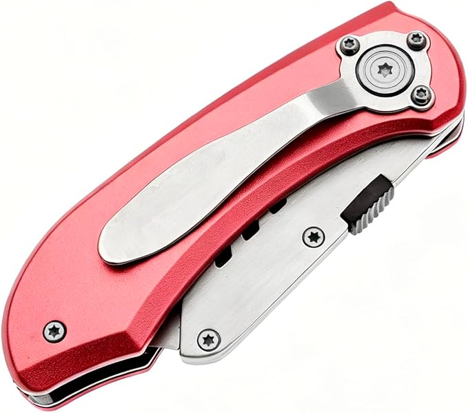 Utility Knife Folding Safety Lock Quick Change with 10 Extra SK5 Replacement Blade Lightweight Aluminum Handle & Pocket Clip Multi-Use Box Cutter Office Home Art Diy Great Gift Choice (New.Red)