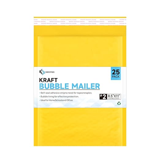 Kkbestpack Kraft Paper Bubble Mailers #2, 8.5x12 Inch Self-Seal Padded Mailing Envelopes, Usable Size 8.5x11, Pack of 25