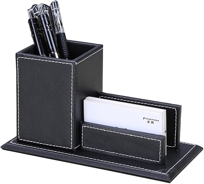 PU Leather Desk Organizer and Accessories, Pencil Holder for Desk with Business Cards Stand, School Office Supplies Collection Caddy Black