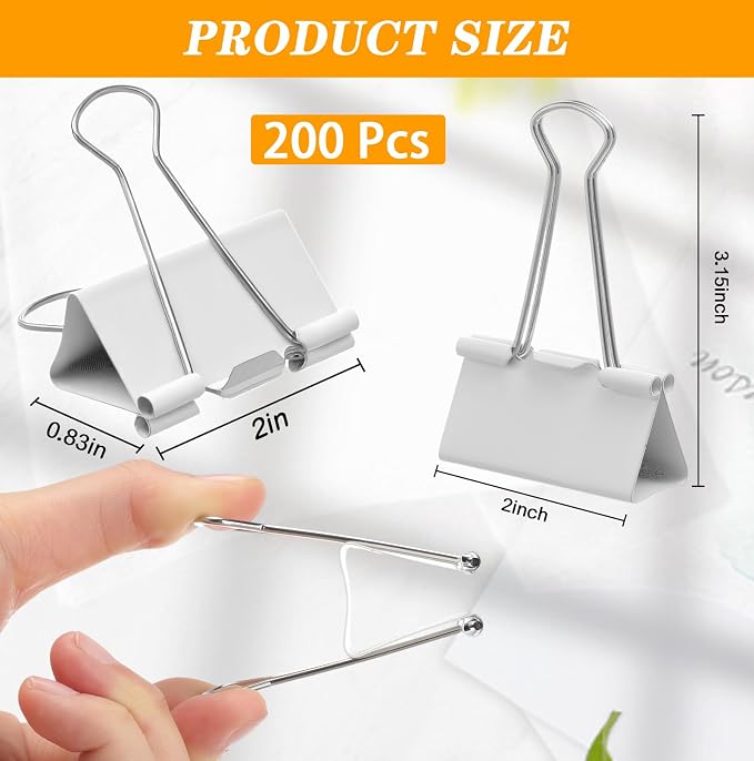 Jetec Extra Large Binder Clips Bulk 2 Inch Metal Jumbo Binder Clips Office Supplies Paper Clamps for Teachers Students Office Business Supplies(White,200 Pcs)
