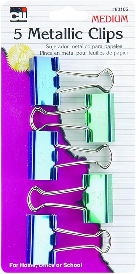 Charles Leonard Binder Clips, Metallic, Assorted Colors, Medium, 5-Pack (80105)