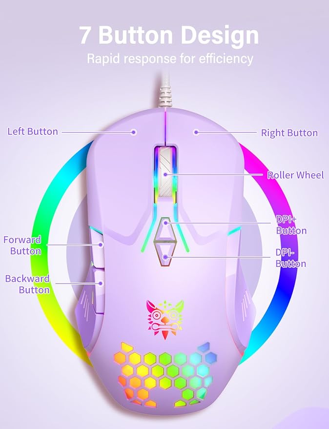 Wired USB Mouse, Computer Mouse with RGB Lighting, 4 Adjustable DPI, Ergonomic Optical Office Mouse, 7 Buttons Corded Mice for Window/PC/Laptop/Desktop/Mac/Chromebook,Purple