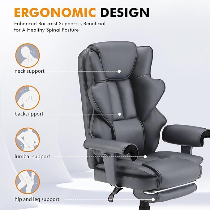 6-Point Massage Executive Chair,Heat Office Chair,Ergonomic Home Office Desk Chairs with Retractable Footrest and Reclining Function,Leather Computer Chair with Adjustable Armrest(‌Grey)