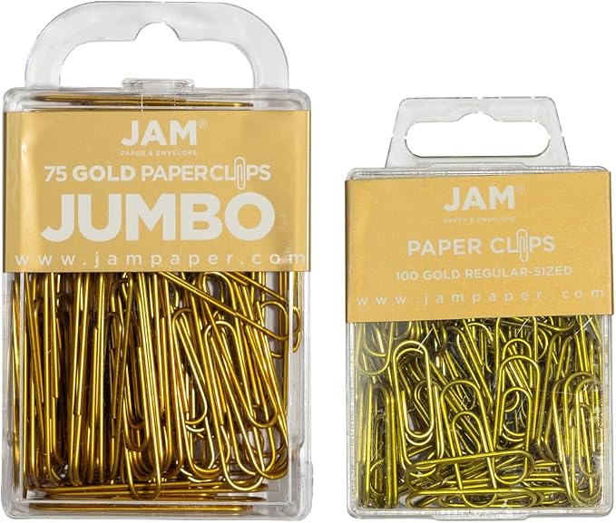 JAM PAPER Combo Pack Colorful Paper Clips - Standard & Jumbo - Gold Paperclips - 1 Pack of 100 & 1 Pack of 75