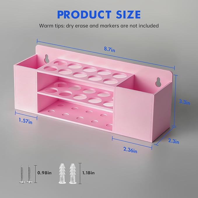Wall Mounted Magnetic Dry Erase Marker Holder for White Board | Acylic Strong Magnet Pen Holder for Fridge&Refrigerator, Pencil Holder for Classroom, Office, Locker Organizer-Pink