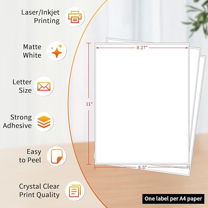 Printable Sticker Paper – 100 Sheets 8.5 x 11 Full Sheet Labels, Matte Self Adhesive Sticker Paper for Inkjet & Laser Printers, Full Page Printable Label Paper for Shipping, Address