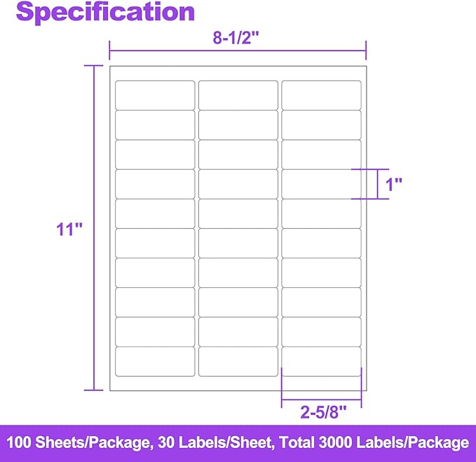 100 Sheets 3000 Labels 30-up 1" x 2-5/8" Shipping Address Labels for Laser and Inkjet Printers, AveneMark 30 UP Labels Return Mailing Labels, 30 per Page
