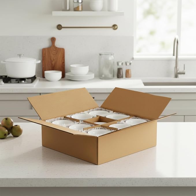 ZSZMFH 4 Sets Moving Boxes with Divider Kits, 12.7 x 12.7 x 4.7 Inches Kitchen Moving Boxes, Glassware Dish Packing Box Contains 16 Corrugate Dividers and 36 Foam Pouches