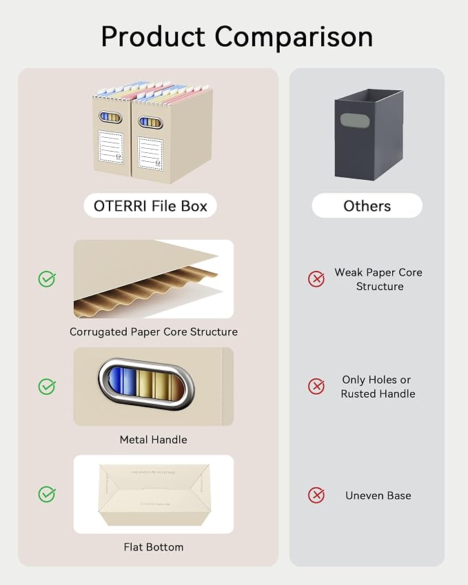 Portable Collapsible Cardboard File Box with Handle for Letter-Size | 8-Pack. Stainless Steel Handle. Label Stickers Included. Fits Letter Folders (Not Included). Home, Office, School, Dorm, Tax.