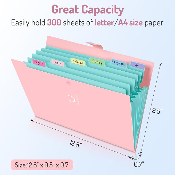 Forvencer Accordion File Organizer, 7 Pocket Expanding File Folder, Letter | Cute File Folder with Labels, Portable File Organizer for School Office Supplies, Folders for Documents, Purple