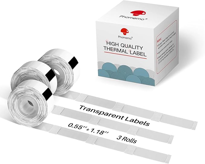 Phomemo D30 Label, 3 Roll D30 Transparent Label,0.55" x 1.18" Adhesive Clear Thermal Stickers,210 Pcs/Roll,Suitable for Kitchen,Office,Home,School, Name and More