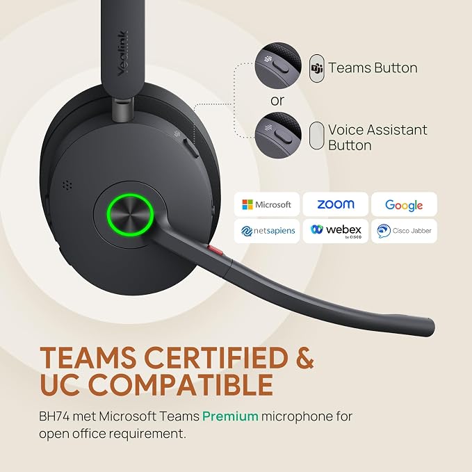 Yealink BH74 ANC Wireless Headset with Mic for Work Office,Teams Certified | 6 AI Noise Cancelling Microphone,Bluetooth Headset with Charging Dock,32H Talk Time & Flip to Mute,USB C/A Dongle Hybrid Work