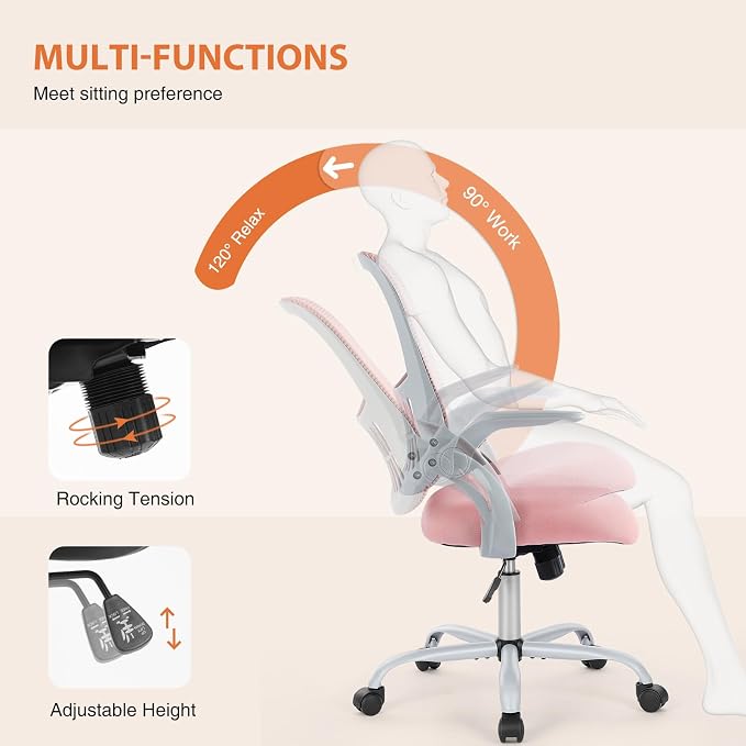 Sweetcrispy Home Office Chair, Mesh Office Chair, Lumbar Support, Pink | Adjustable Height, 360° Swivel Wheels, Mid-Back, Comfy Flip-up Arms for Small Space, Bedroom Study, Managerial Executive