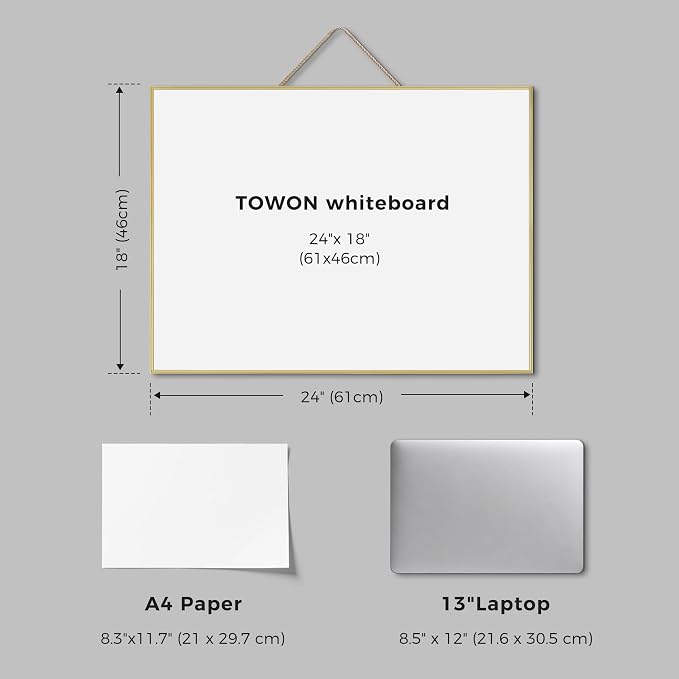 TOWON Magnetic Dry Erase Board 24x18 in, Narrow Aluminum Frame, Gold | Hangable message board for home office, kitchen, dorm and school decor, sleek narrow frame