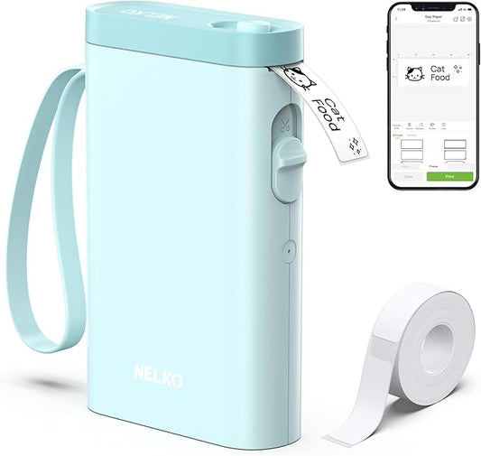 Nelko P21 Label Maker Machine with Tape, Bluetooth Label Printer, Cyan | Creative App & Multiple Templates, Inkless Printing, Built-in Cutter, Ideal for School, Teacher Supplies, Office, and Home