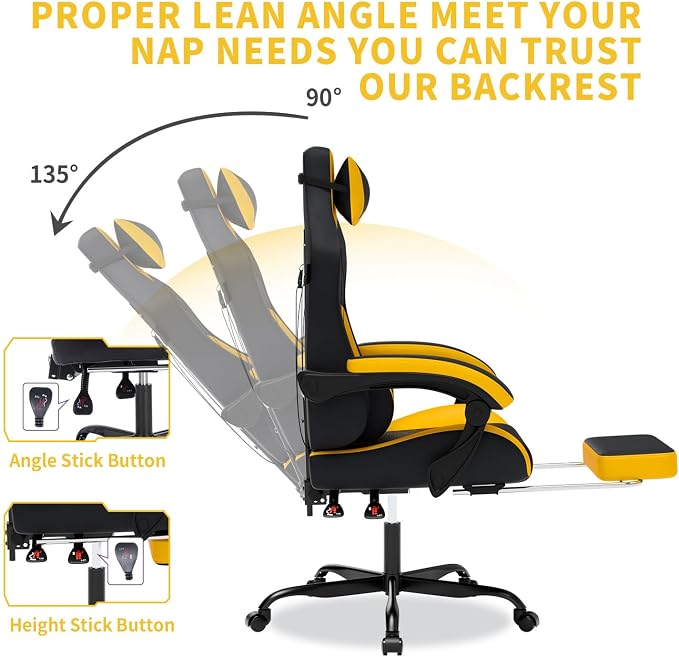 Gaming Chair with Massage,Ergonomic PC Gaming Chair with Footrest Comfortable Headrest and Lumbar Support,High Back Game Chair PVC Leather,300LBS (Sunflower Yellow)