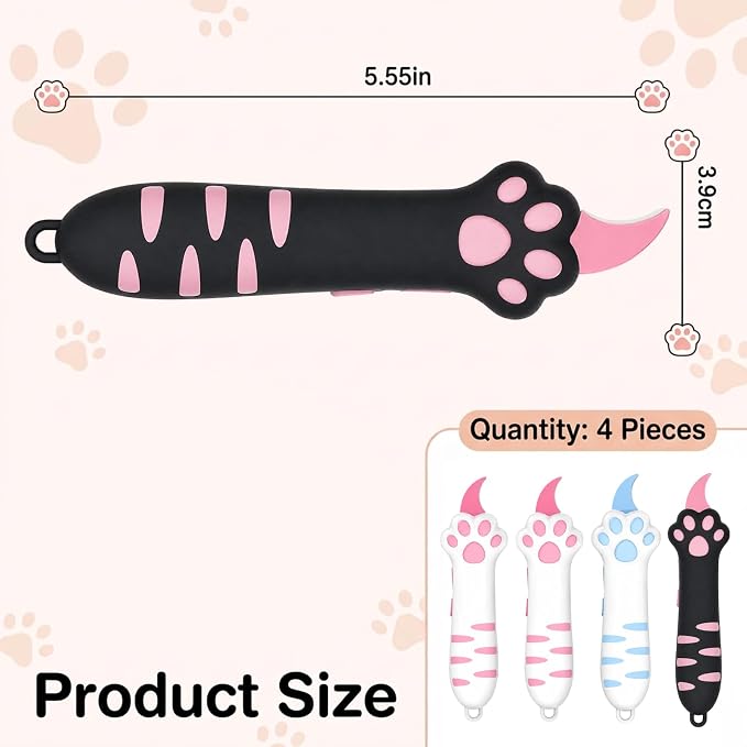 4PCS Cat Paw Box Cutter, Retractable Cat Claw Knife, Four Pack with Pink Blue Black Colors, Portable Package Opener for Unboxing and Office Use, Compact Design with Ergonomic Handle