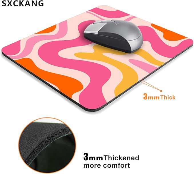 Small Mouse Pad, Rectangle Premium Texture Swirl Pattern Orange Computer Cute Mouse Pad Design, Women Mousepad Non-Slip Rubber Base for Office, Pink Abstract Wave