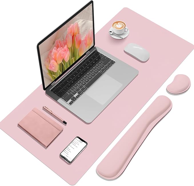 Mouse Pad and Keyboard Wrist Rest, Large Keyboard and Mouse Pad Set, Ergonomic Mousepad with Wrist Rest, Non-Slip Desk Mat Protector for Office, Home (35.4×15.7 Inches, Pink)