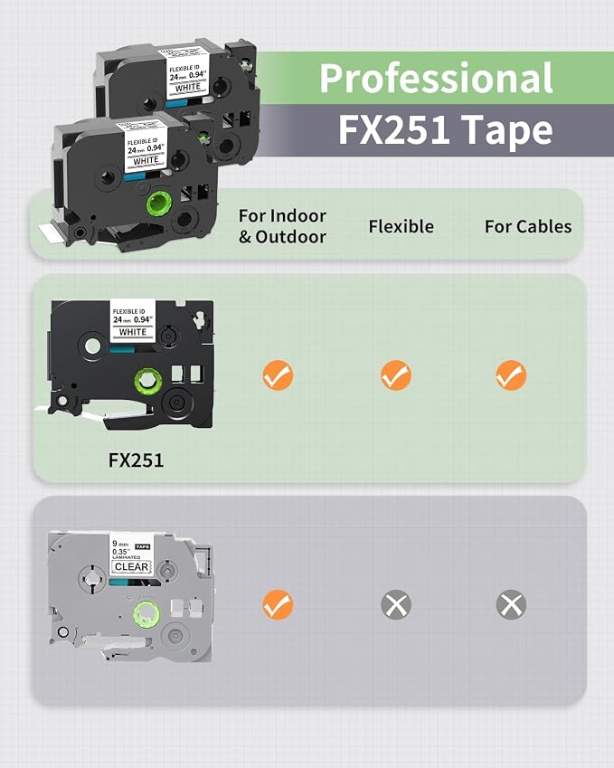 TZE-FX251 Cable Wrap Labels for Ptouch Edge PT-E560BTVP PT-E510VP PT-D600 | PTE500 Label Maker Refills Replace for Brother P-Touch Flexible ID Tape, Tzefx251 24mm 0.94" Laminated White Wire Label, 4PK