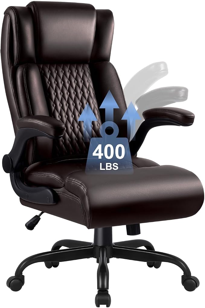 Office Chair, Big and Tall 400LBS Heavy Duty Executive Office Desk Chair with Flip-up Armrest, Ergonomic Swivel High Back Office Chairs with Lumbar Support, PU Leather (Brown)