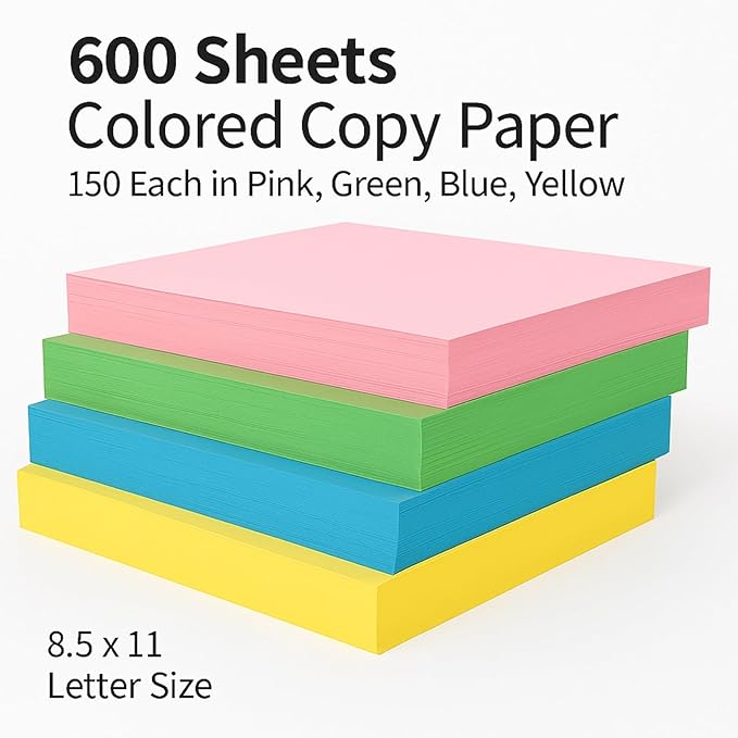 Colored Copy Paper 8.5 x 11, Letter Size Printer Paper, 600 Sheets (150 Each of Pink, Green, Blue, Yellow), Jam-Free, Bulk Pastel Colored Paper for Arts & Crafts, DIY Projects, Made in USA