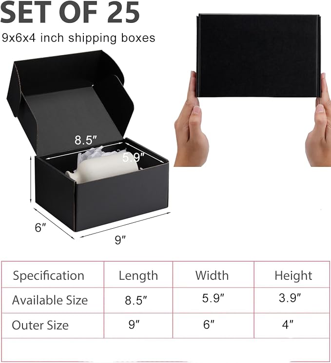 9x6x4 inch Black Shipping Boxes for Small Business- Set of 25 | Sturdy ECT 32 Corrugated Cardboard Mailer Boxes, Easy Assemble for Packaging, Mailing, Gift
