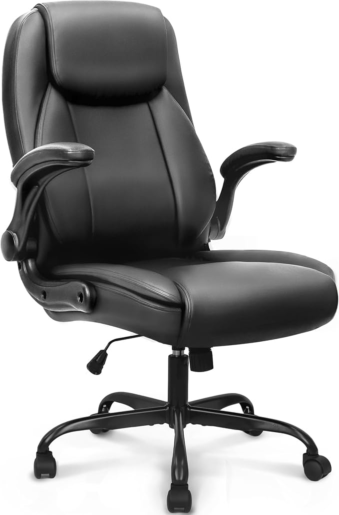 NEO CHAIR Office Desk Chair, High Back PU Leather with Flip-up Arms, Black | Ergonomic Tall Computer Desk Chair Comfy, Height Adjustable, Swivel Rolling Wheels for Office Home Gaming Study