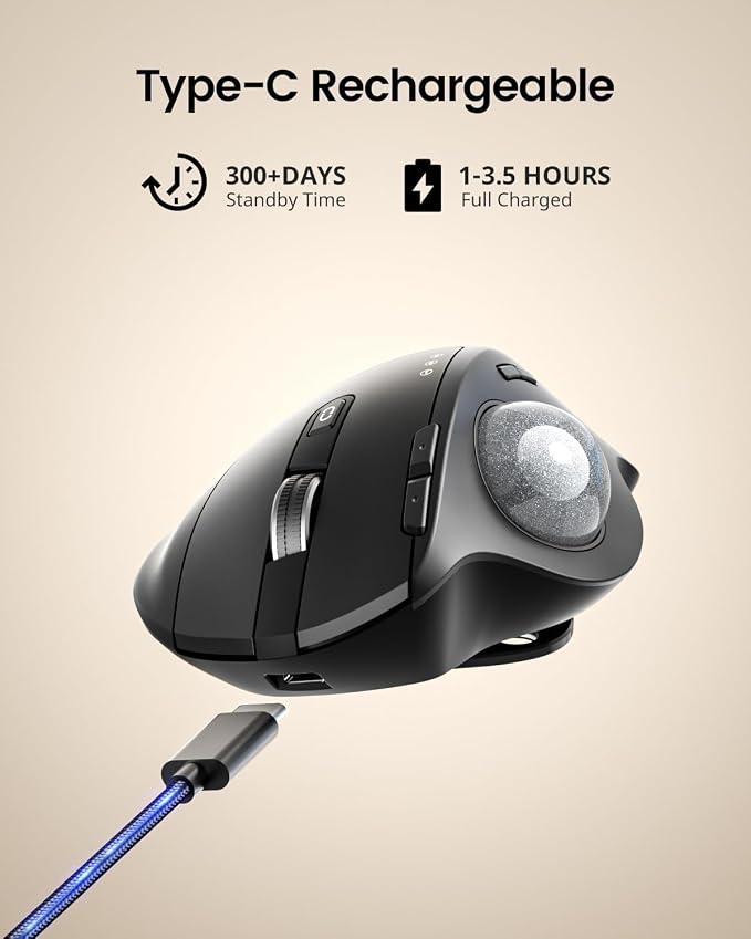 ProtoArc EM01 NL Wireless Trackball Mouse, Thumb Control, Silver | 0/20° Adjustable Angle to Reduce Fatigue, Triple-Device Bluetooth & 2.4G USB-A for Office Use, Silent Click, Easy to Clean