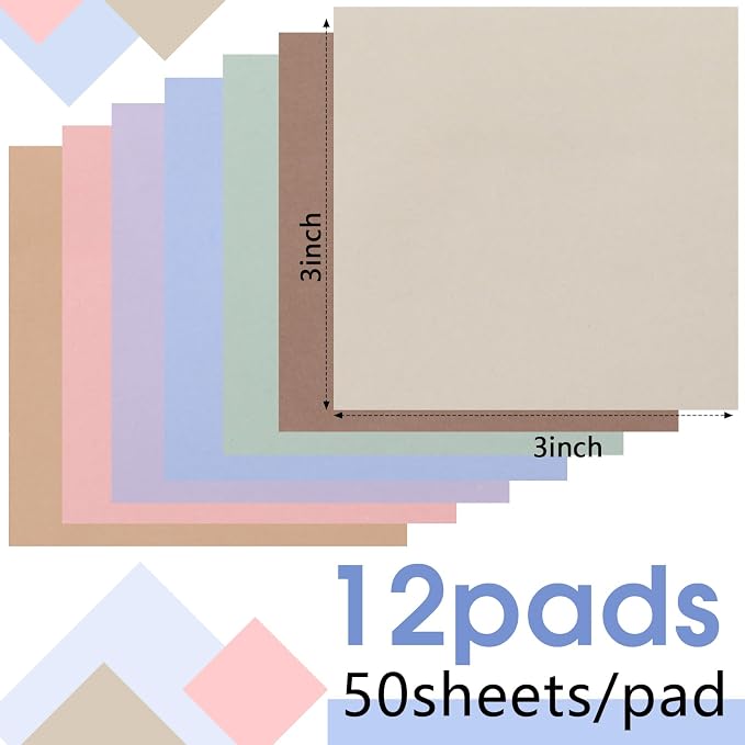 Thenshop 12 Pads Morandi Pastel Sticky Notes 3x3 50 Sheets | Self Stick Notes Pads Memo Earth Tone Office Supplies Vintage Aesthetic School Accessories Easy to Peel Repositionable
