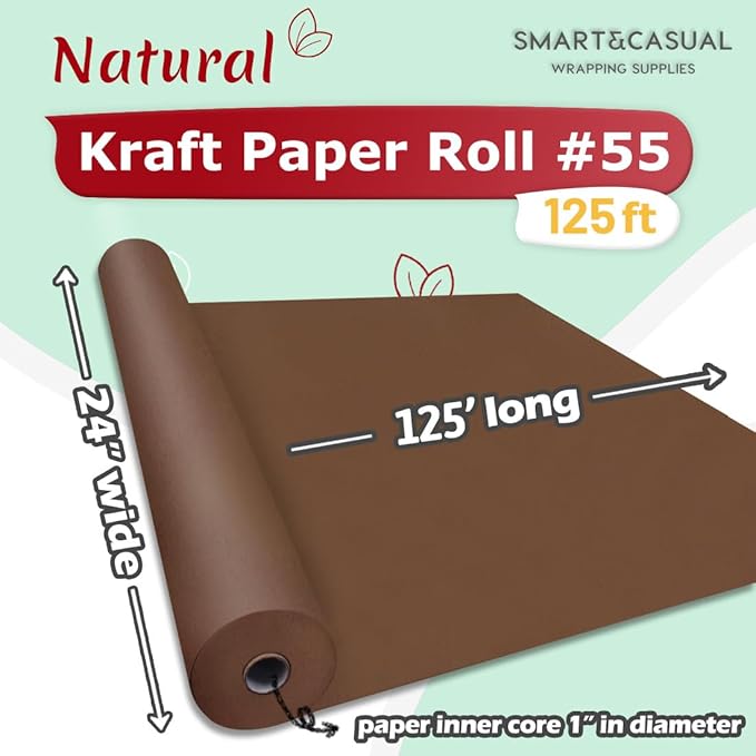 SMART&CASUAL 24" x 1,500" (125') Coffee Kraft Craft Paper Roll for Gift Wrapping Bulletin Board Bouquet Flower Kids Art Packing Parcel Table Covering 80GSM 55LB (Coffee, 24" x 125')