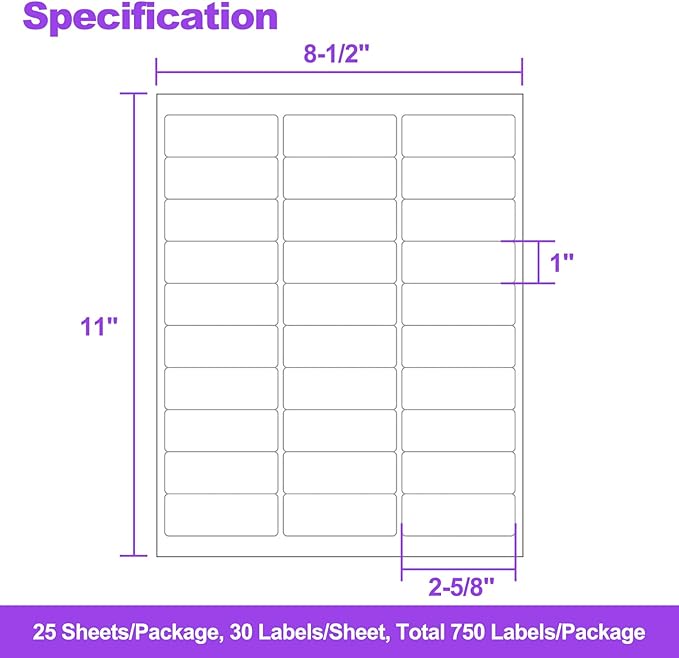750 White Address Labels (1" x 2-5/8") - 30 Per Sheet for Laser/Inkjet Printer, Matte Smudge-Resistant Mailing & Shipping Labels, 8.5" x 11" Sheets for Shipping, Organizing & Bulk Use