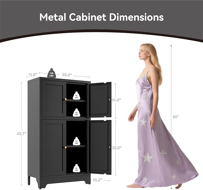 Bevivog Black Metal Locker Cabinet with 4 Doors, Metal Sideboard Cabinet Coffee Bar Storage Accent Cabinets for Home Office, Kitchen Living Room, Hallway, Entryway
