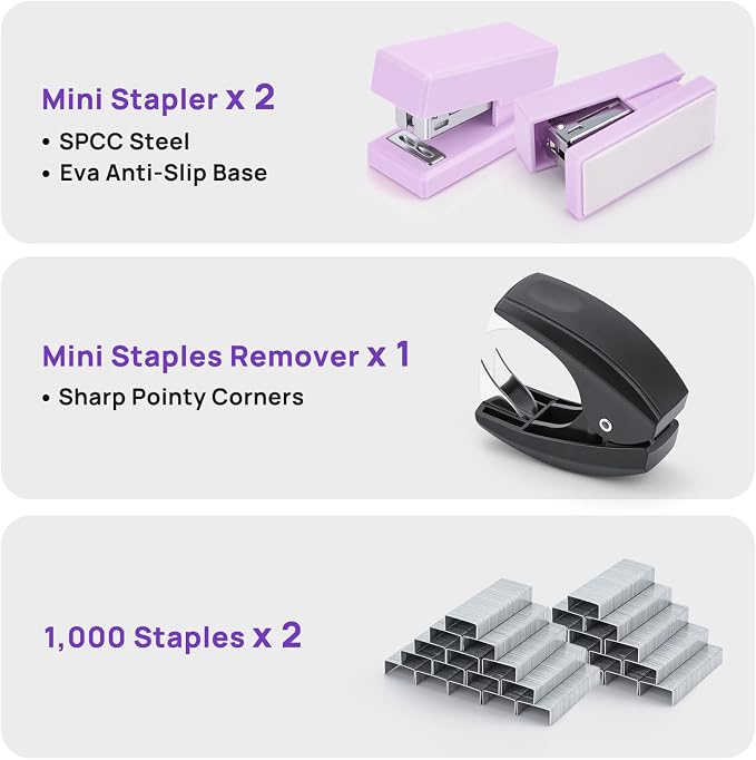 Mini Stapler with 2000 Staples, 30 Sheet Capacity, Jam-Free, Purple | Small Desktop Stapler with Staple Remover, for Office, School, Home, Travel, Students, Teachers, and Home Office Use
