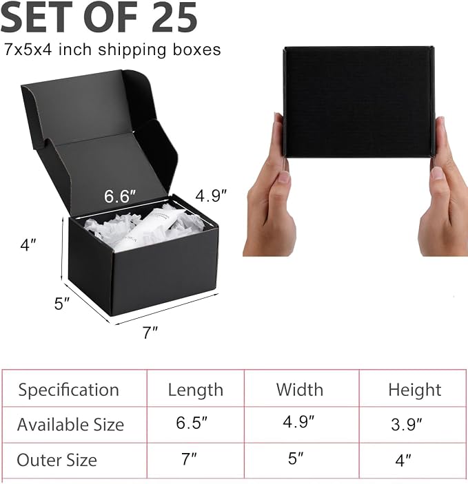 7x5x4 inch Black Shipping Boxes for Small Business- Set of 25 | Sturdy ECT 32 Corrugated Cardboard Mailer Boxes, Easy Assemble for Packaging, Mailing, Gift