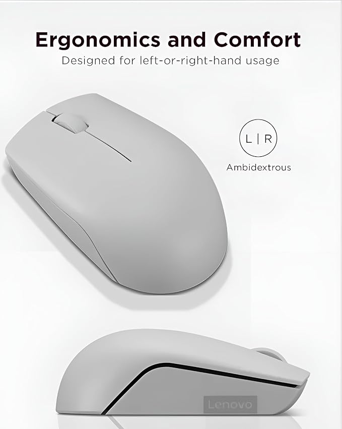 Lenovo 300 Wireless Mouse – Computer Mouse for PC, Laptop with Windows – Ambidextrous Design – 2.4 GHz Nano USB Receiver – 12 Month Battery Life