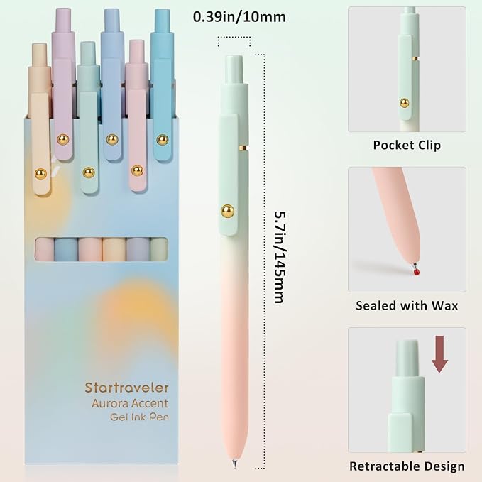 FIOVER Gel Pens, 6 Pcs 0.7mm Comfort Grip Quick Dry Black Ink Pens | Fine Point Smooth Writing Pens, Cute Office Back to School Supplies Gifts for Women (6PCS Gradient Black Ink)