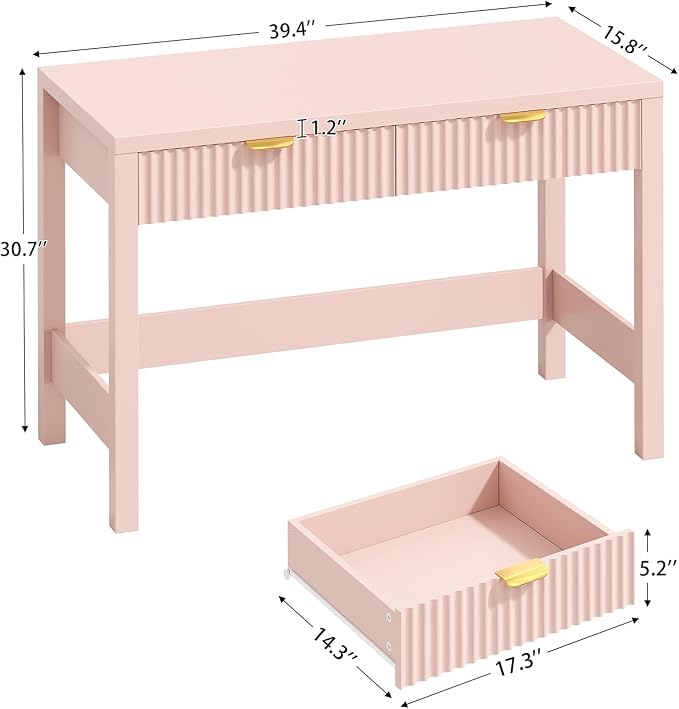 39 Inch Small Fluted Computer Desk with 2 Drawers for Bedroom, Home Office | Small Computer Desk with Storage, Compact Writing Study Desk for Small Spaces, Blue