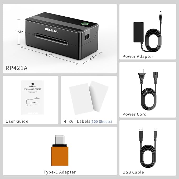 Rongta 4x6 Bluetooth Thermal Shipping Label Printer, Wireless Shipping Label Maker for Amazon FBA, Shopify, FedEx | Compatible with Windows/Mac/Android/iOS (Black)