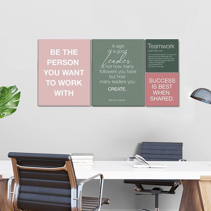 YEOION Inspirational Office Wall Art for Women,Motivational Teamwork Wall Decor for Office,Light Pink and Green Postive Quote Workplace Canvas Wall Art for Set of 6