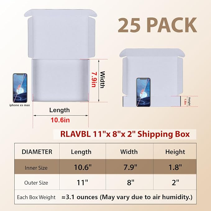 RLAVBL 11x8x2 Shipping Boxes Set of 25, White Corrugated Cardboard Box for Packing, Mailing, Business