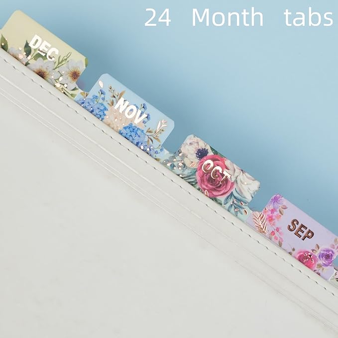 UPAFEXXI-Laminated Planner Monthly Tabs, 72 Stickers in Total(Floral) | 24 Month,24 Subject,24 Blank,Calendar Monthly Label Stickers for Planners, Subject Label Adhesive Tabs for Folders, Pages