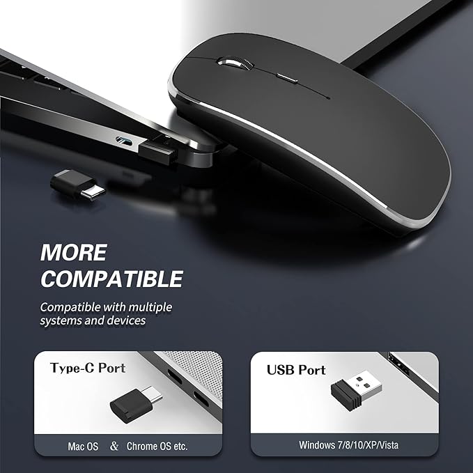 Wireless Mouse Chargeable Portable Silent USB-A and Type-C Dual Mode Wireless Mouse 3 Adjustable DPI for Laptop, Mac, Android, PC (Q23S Black) (Black)