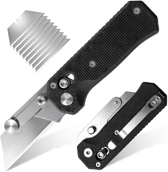 Folding Utility Knife, Pocket Knife, Box cutter Knife with Pocket & Rail Lock, Durable Razor Knife for Home Office Warehouse Everyday Carry, Gift for Men Women（Black）