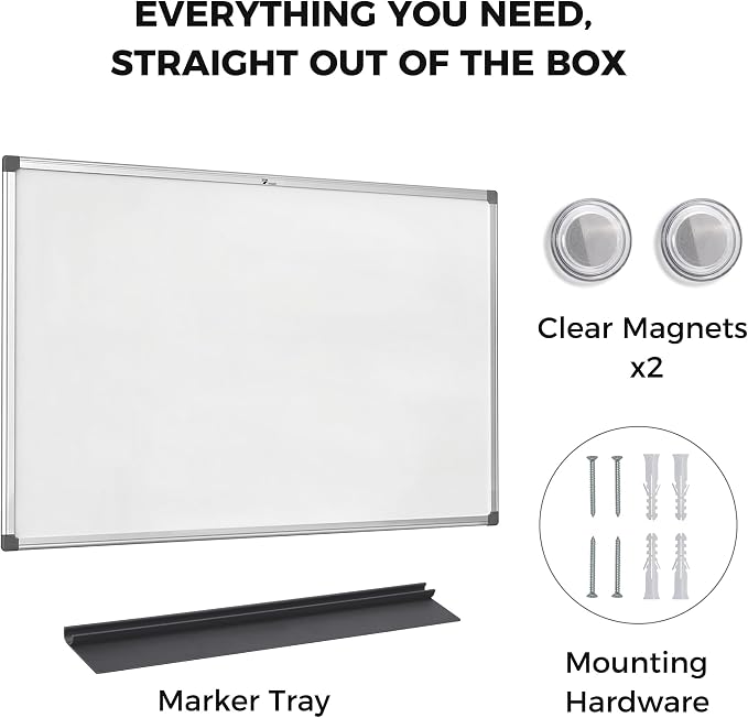 TOWON Magnetic Dry Erase Whiteboard 36x24 in, 3x2 ft, Silver Aluminum | Large white board for wall with marker tray and 2 magnets, for office, classroom and home